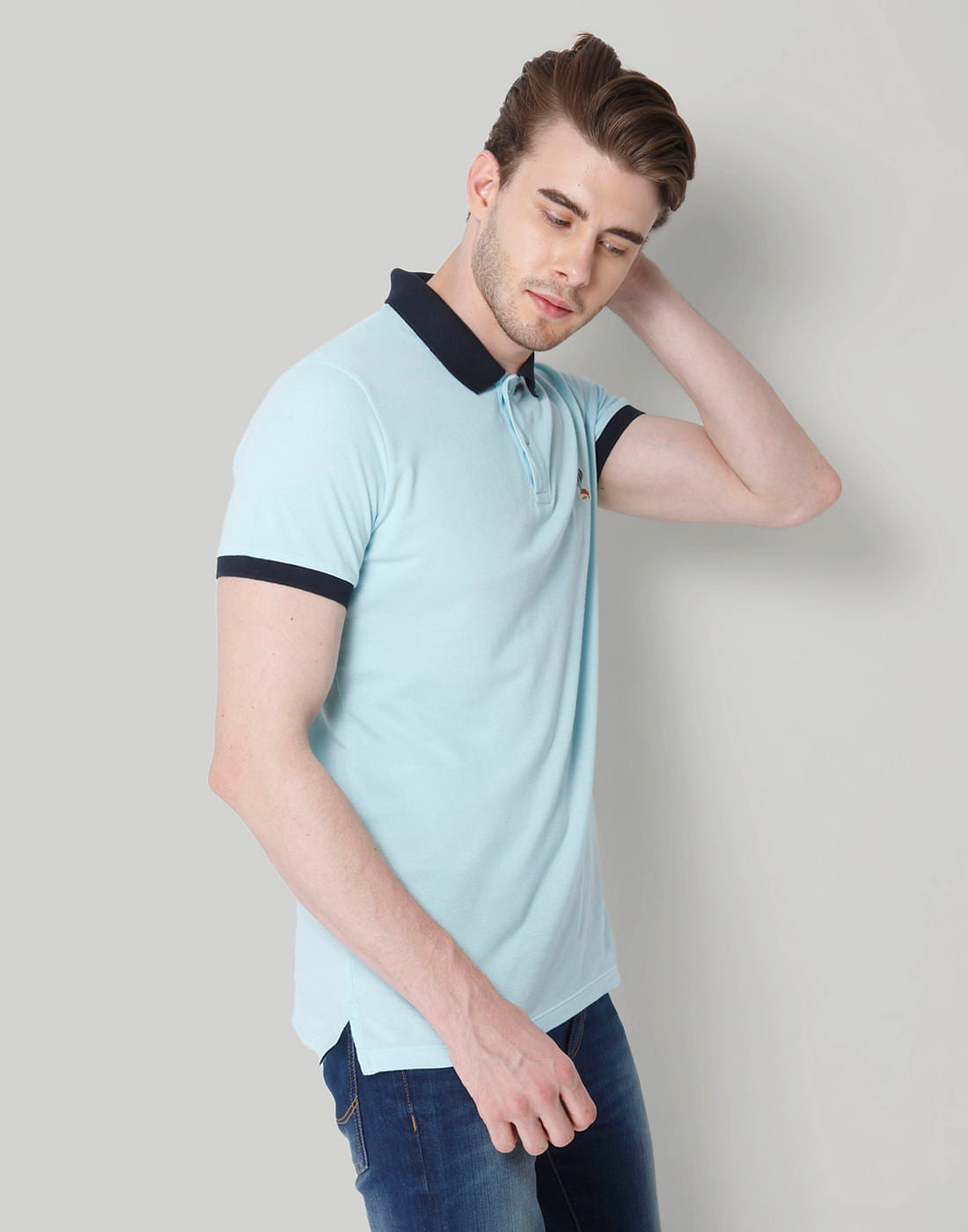 Blue Contrast Tipping Polo Neck T-Shirt