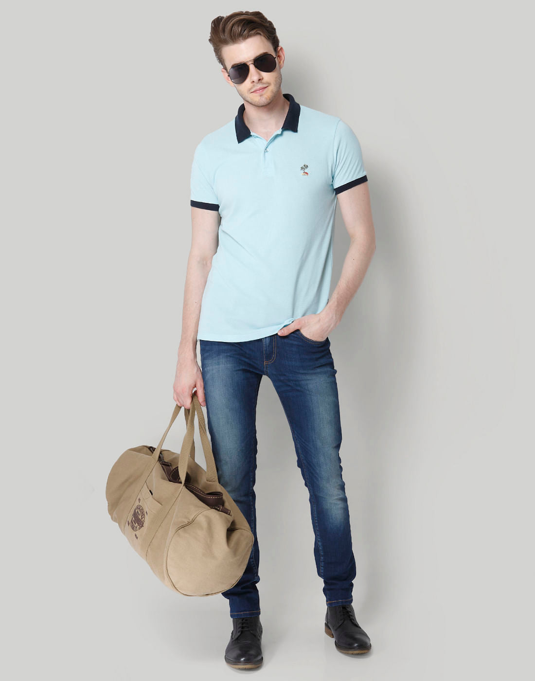 Blue Contrast Tipping Polo Neck T-Shirt