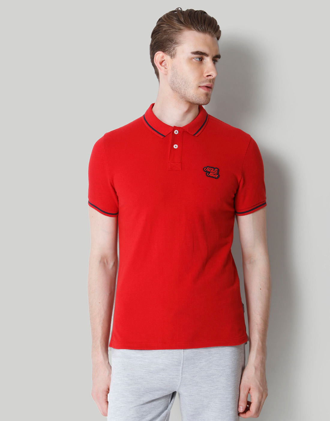 Red Contrast Tipping Polo Neck T-Shirt - S