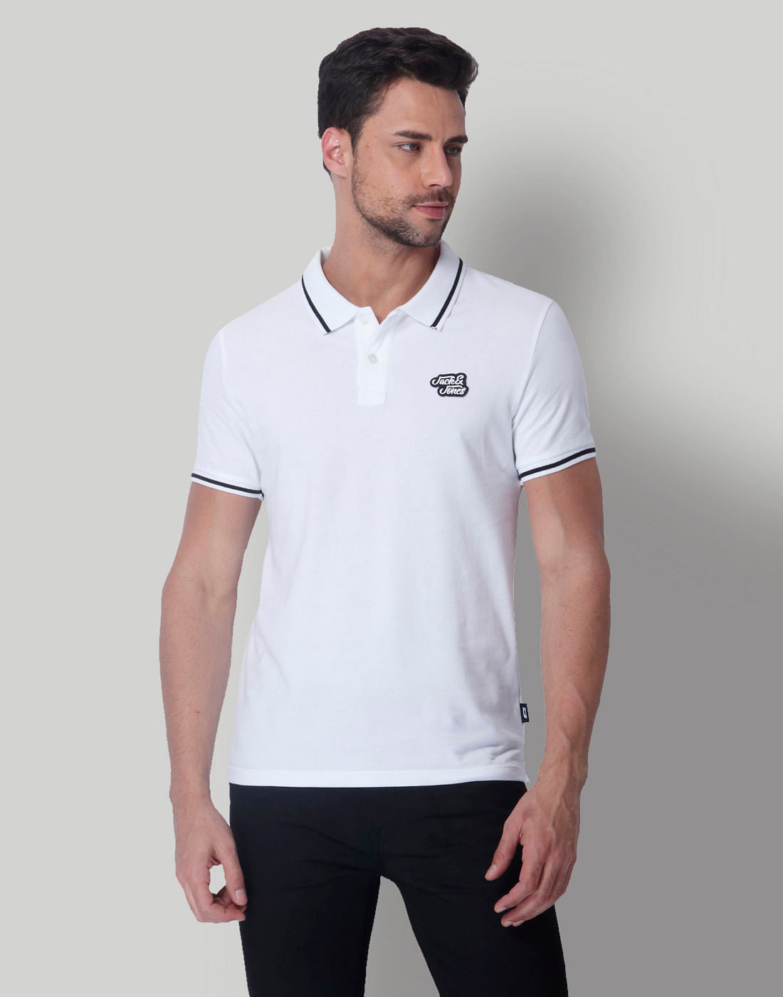 White Contrast Tipping Polo Neck T-Shirt - S