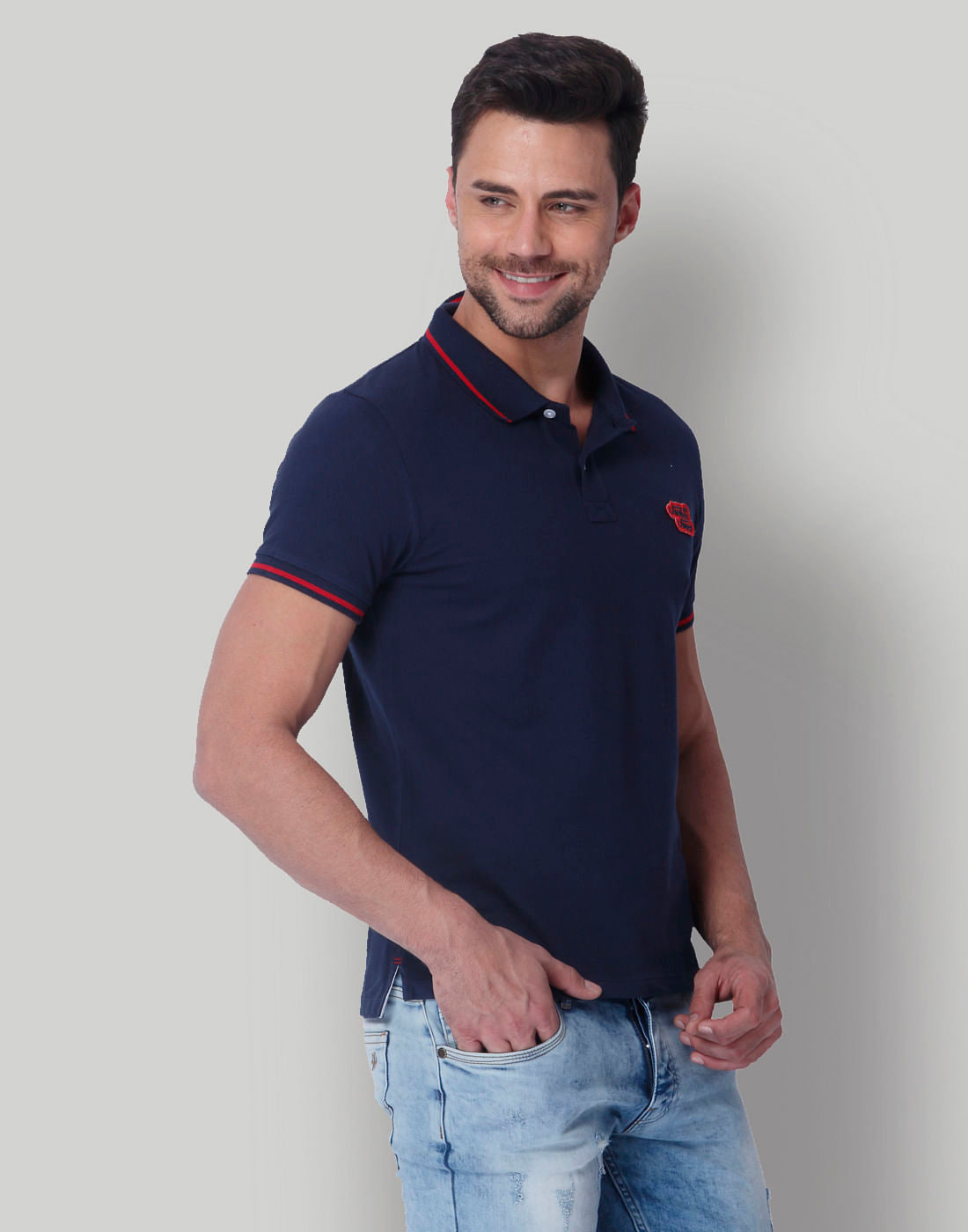 Navy Blue Contrast Tipping Polo Neck T-Shirt