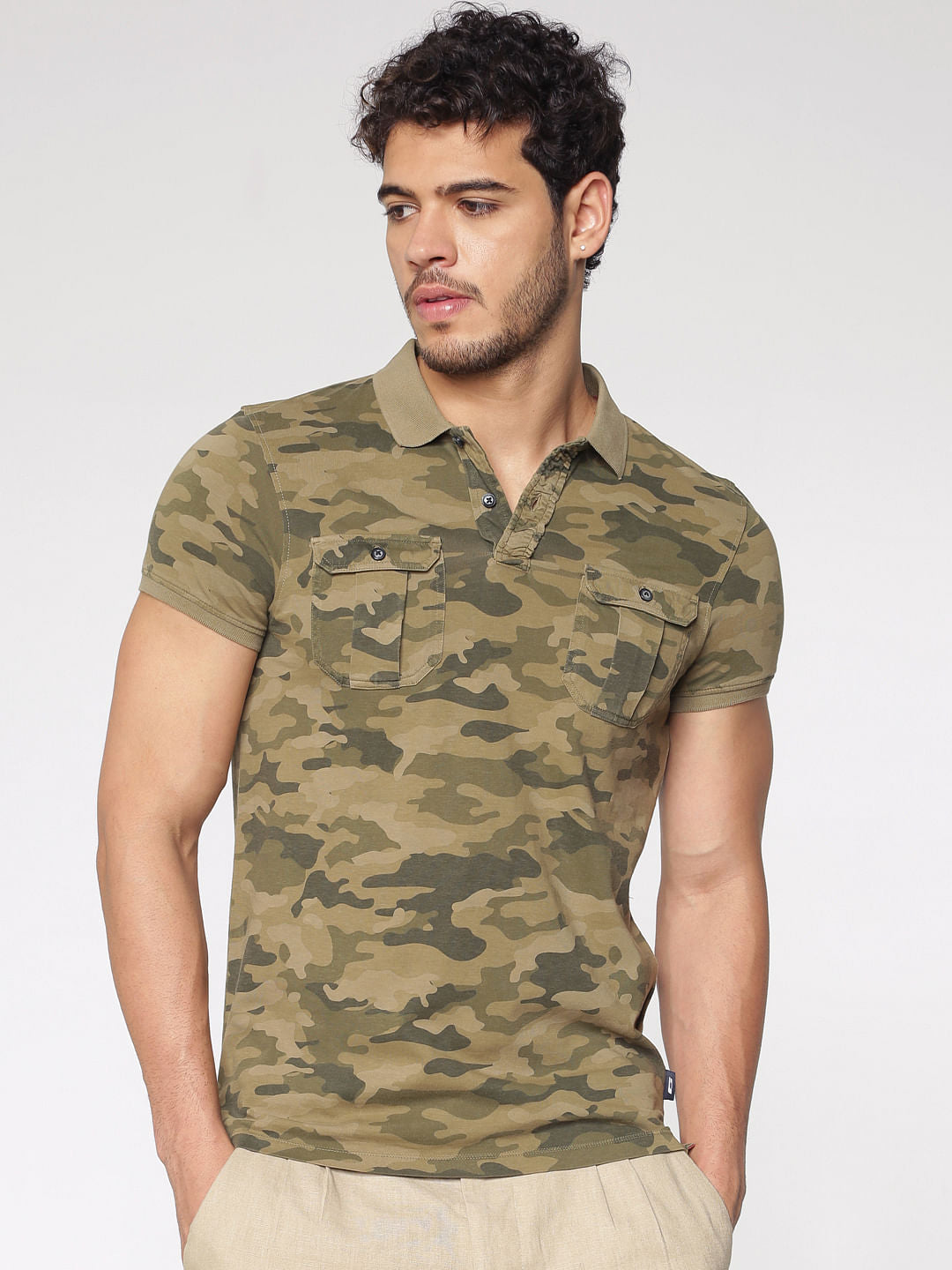 Brown Camo Print Polo Neck T-Shirt - S