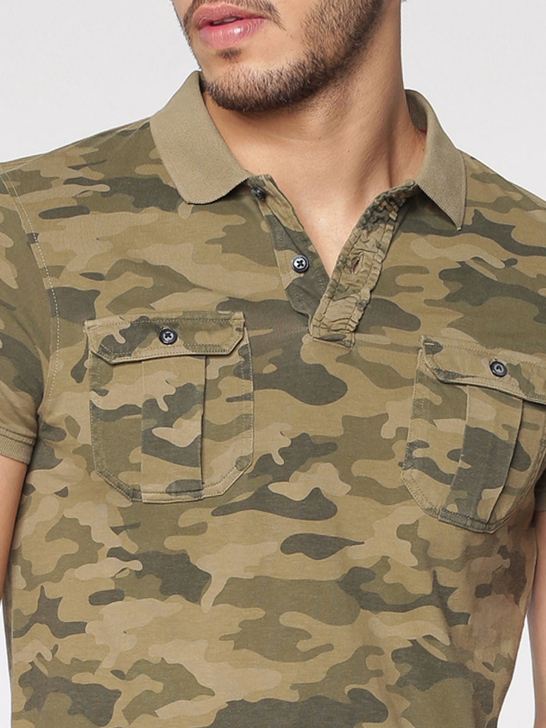 Brown Camo Print Polo Neck T-Shirt