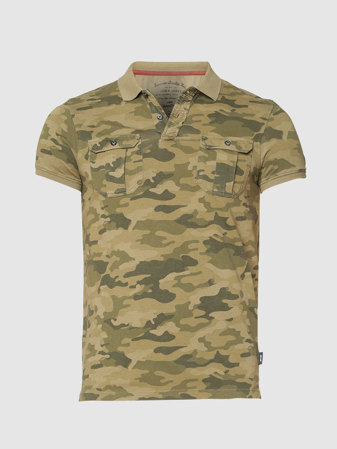 Brown Camo Print Polo Neck T-Shirt