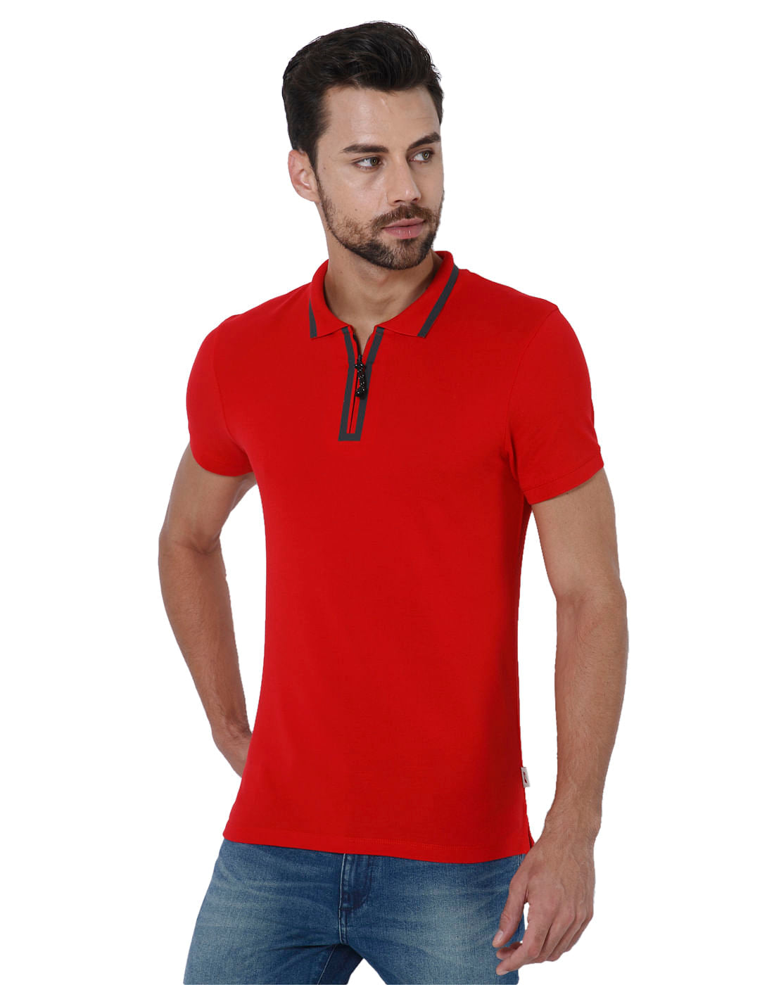 Red Contrast Tipping Polo Neck T-Shirt - S