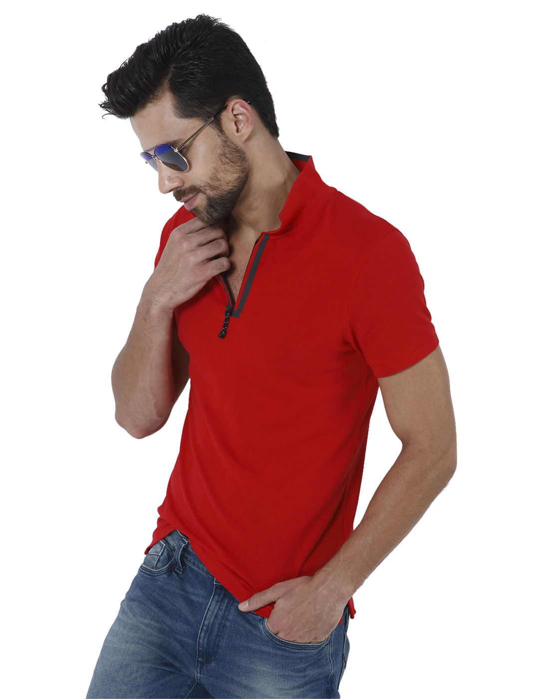 Red Contrast Tipping Polo Neck T-Shirt
