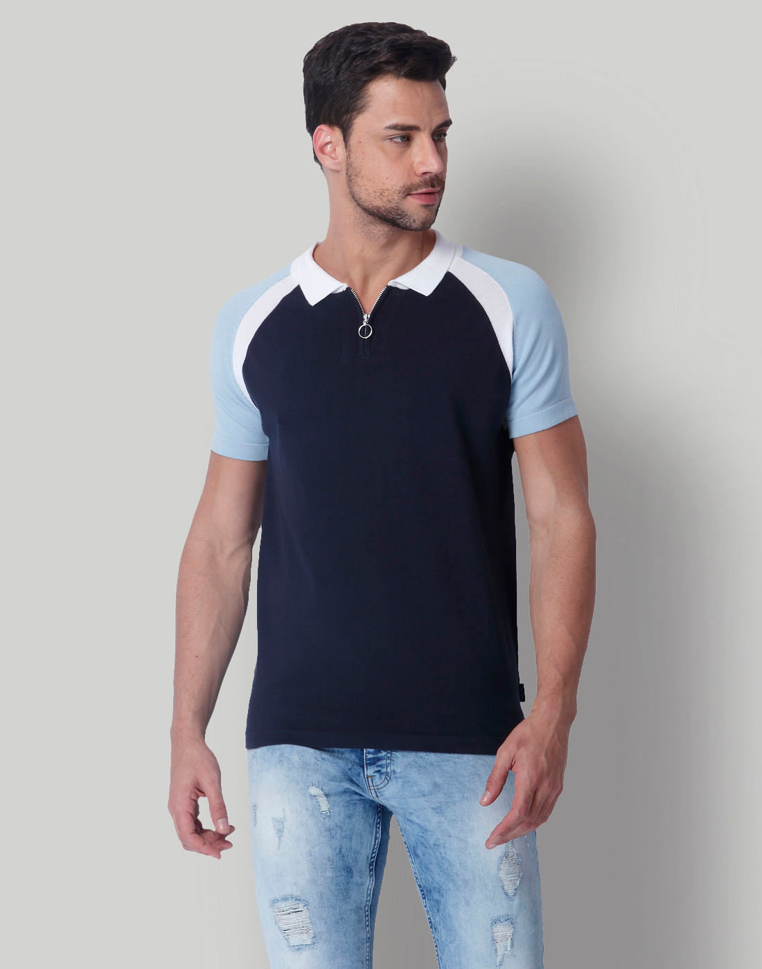 Blue Colour Blocked Polo Neck T-Shirt - S