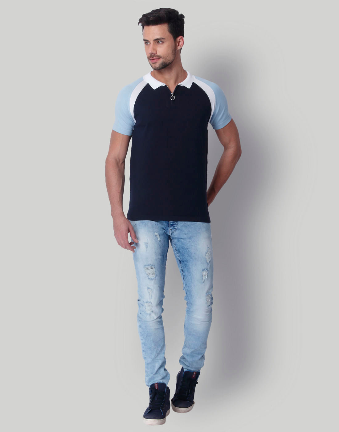 Blue Colour Blocked Polo Neck T-Shirt