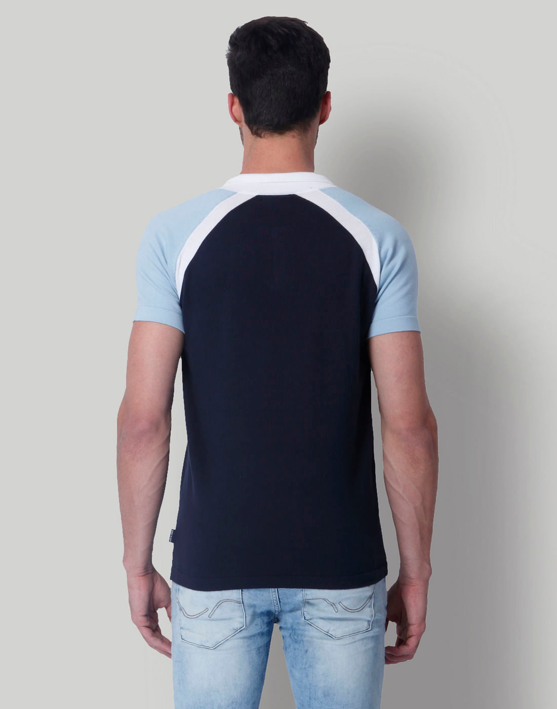 Blue Colour Blocked Polo Neck T-Shirt