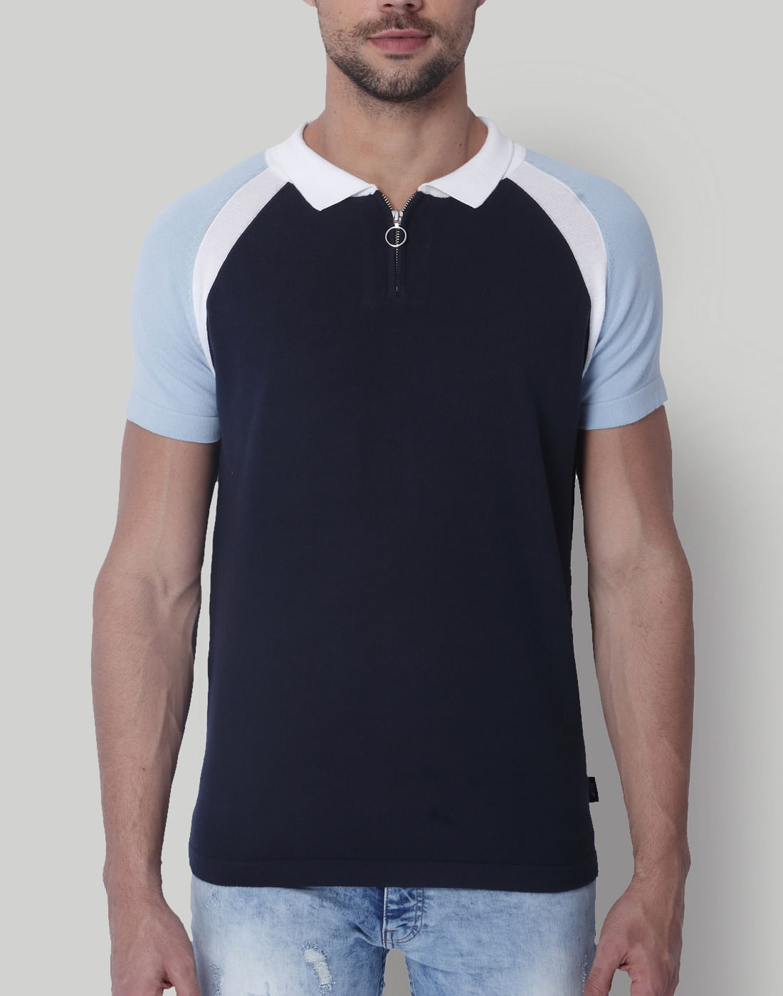 Blue Colour Blocked Polo Neck T-Shirt