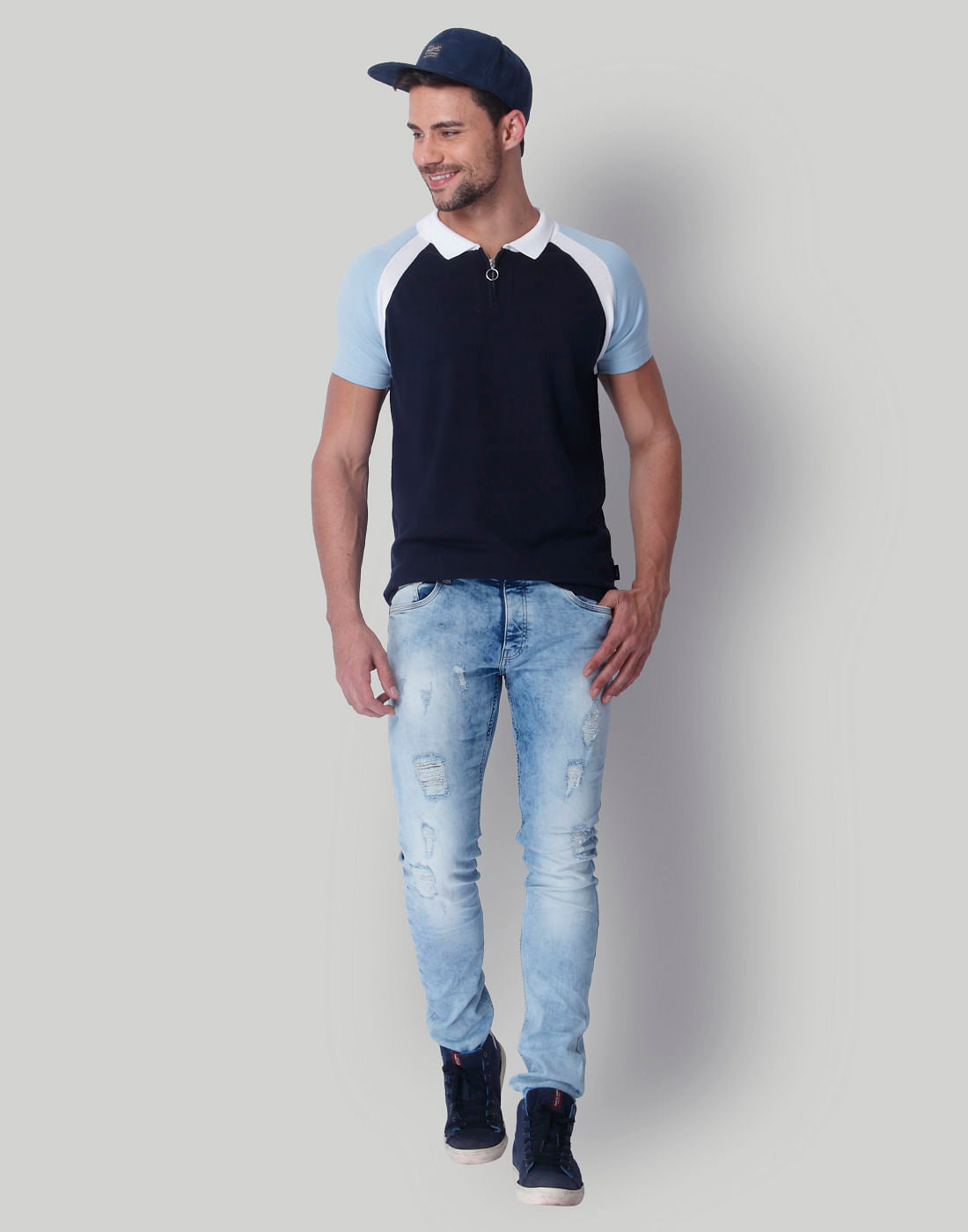 Blue Colour Blocked Polo Neck T-Shirt