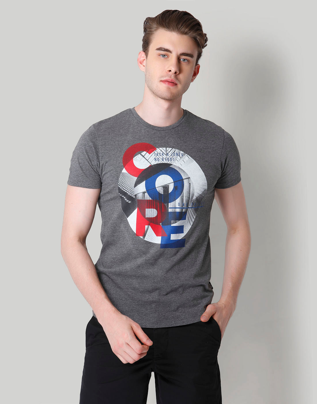Grey Graphic Print Crew Neck T-Shirt - S