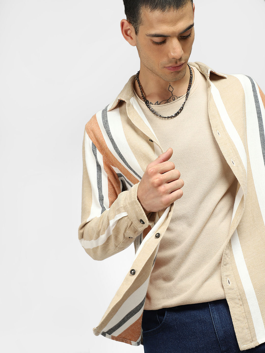 Brown Striped Full Sleeves Shirt - S