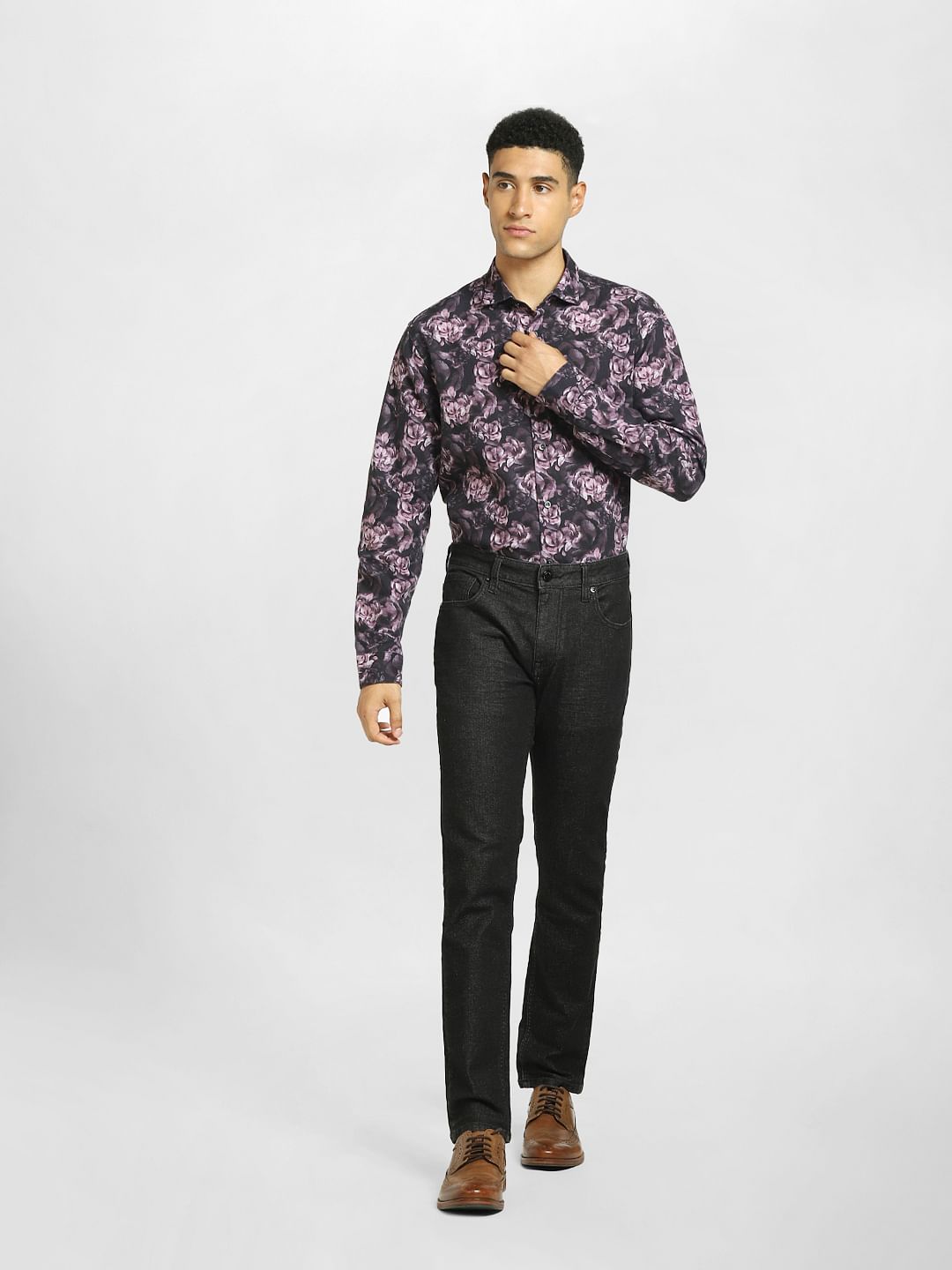 Purple Floral Print Full Sleeves Shirt
