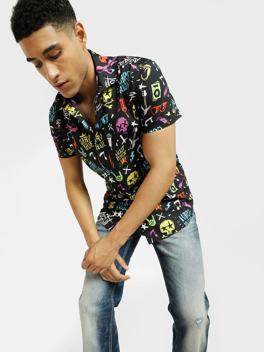 Black Abstract Print Short Sleeves Shirt - S