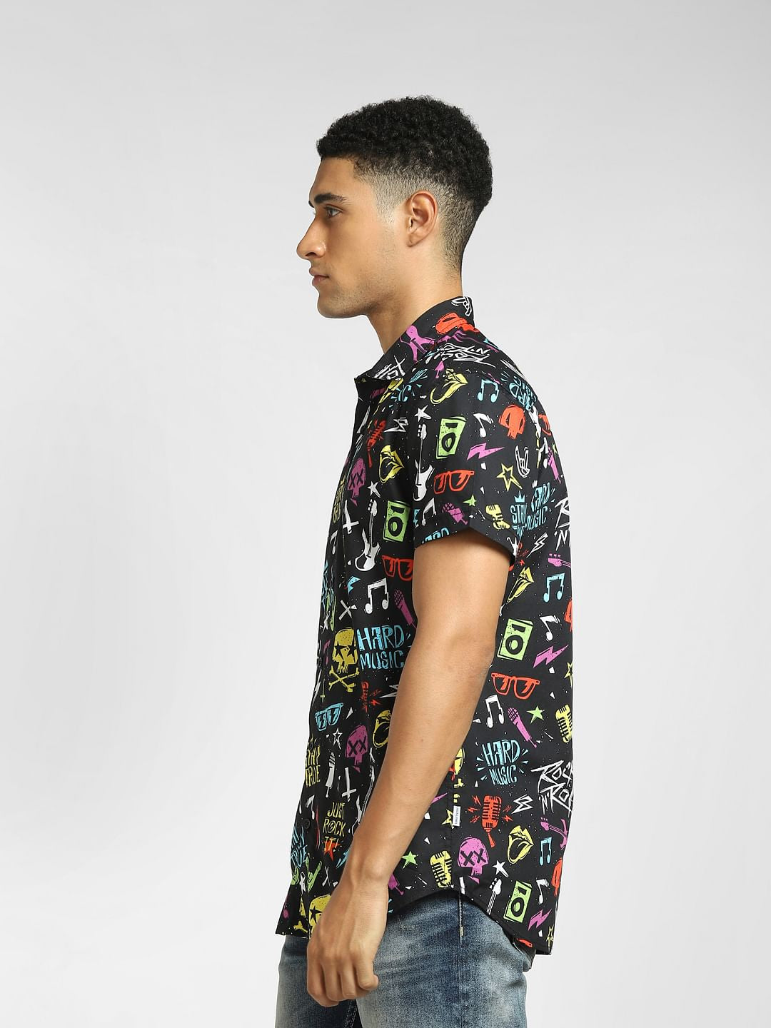 Black Abstract Print Short Sleeves Shirt