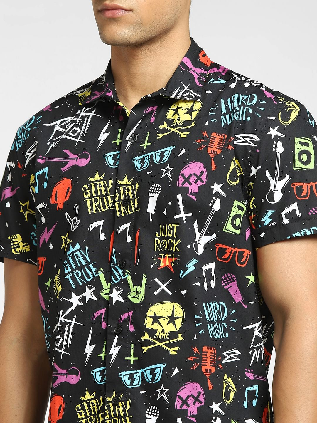 Black Abstract Print Short Sleeves Shirt