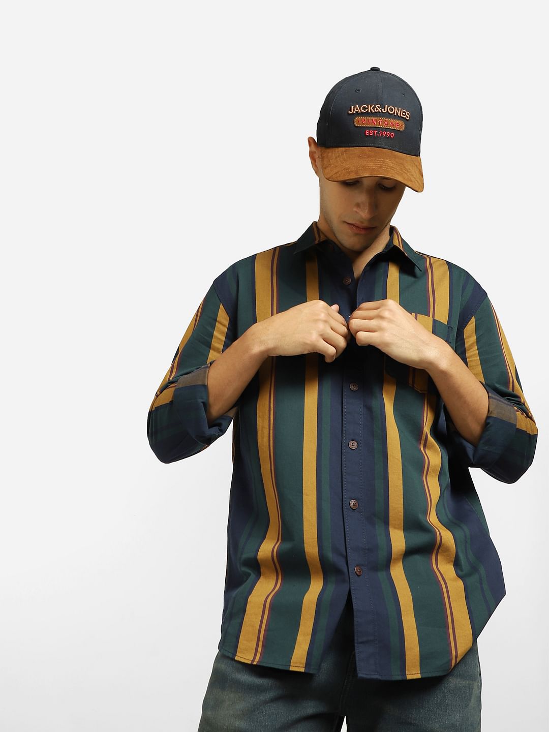 Dark Green Striped Full Sleeves Shirt - S