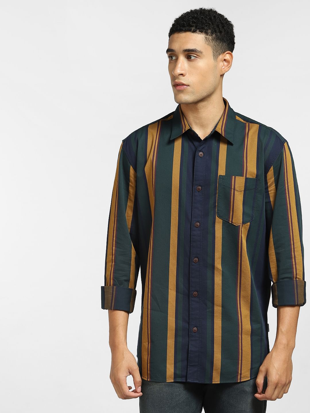 Dark Green Striped Full Sleeves Shirt