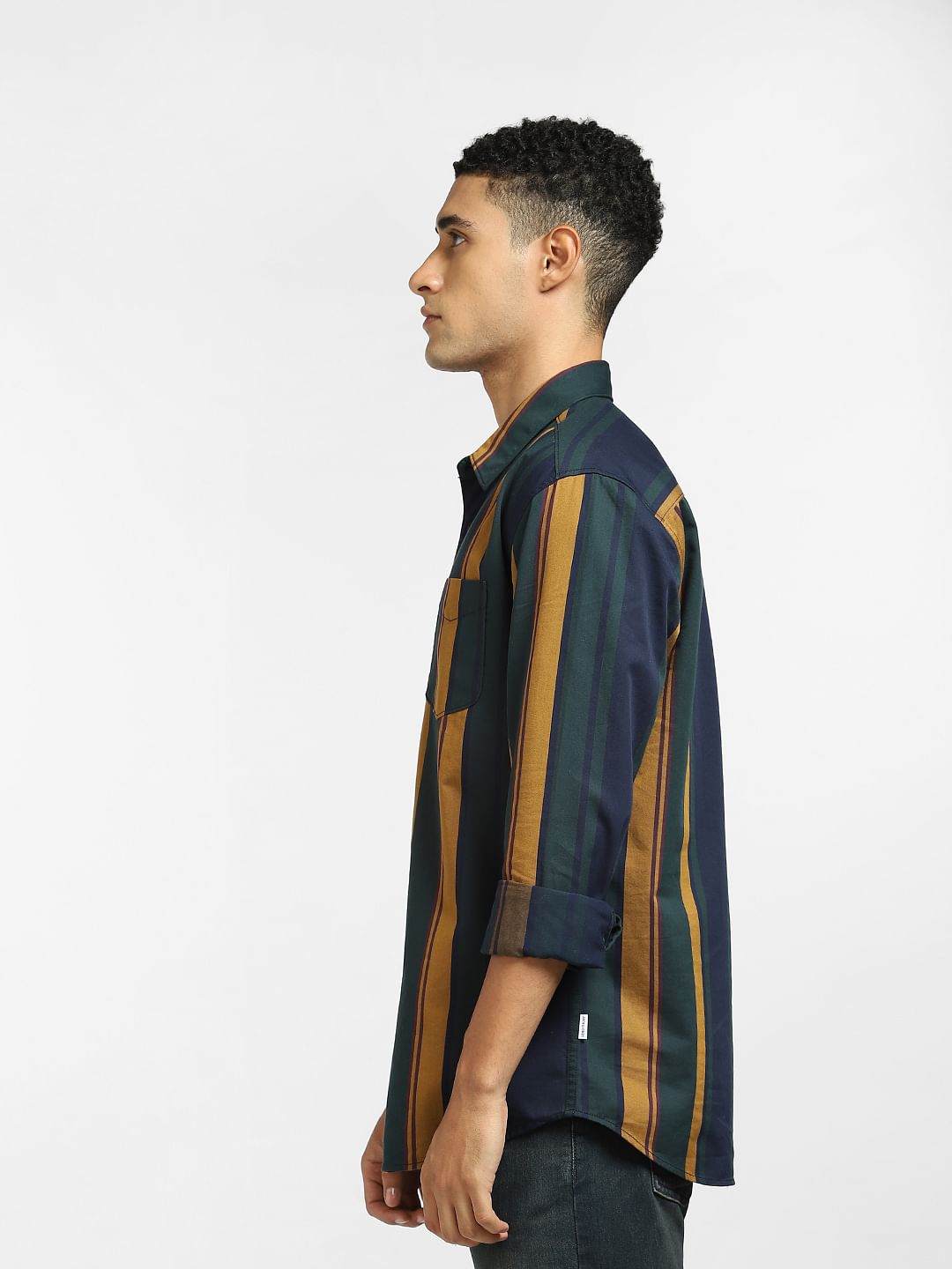 Dark Green Striped Full Sleeves Shirt