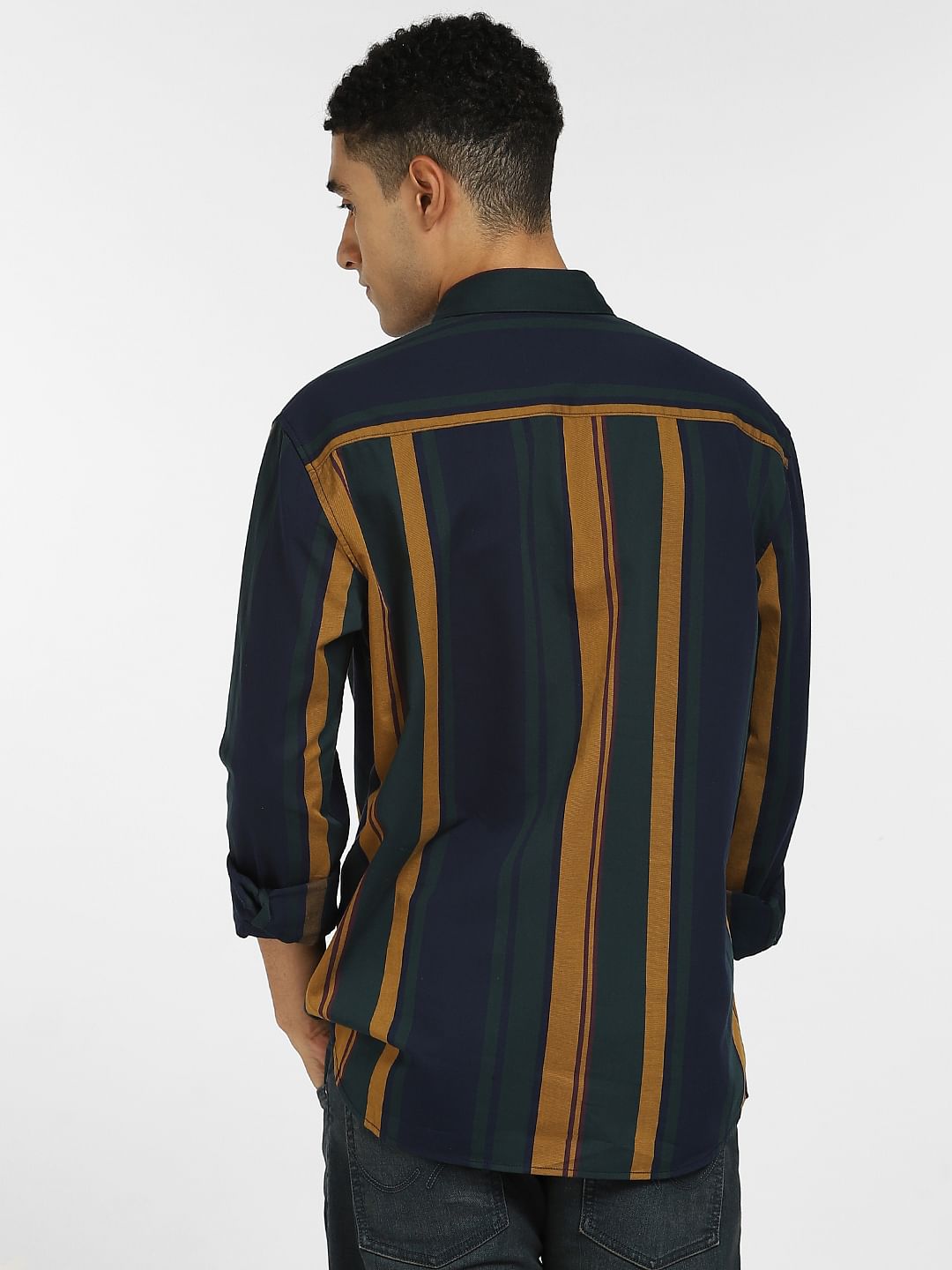 Dark Green Striped Full Sleeves Shirt