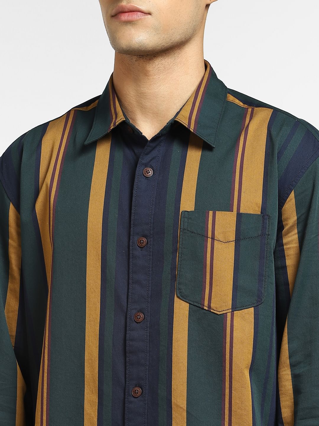Dark Green Striped Full Sleeves Shirt