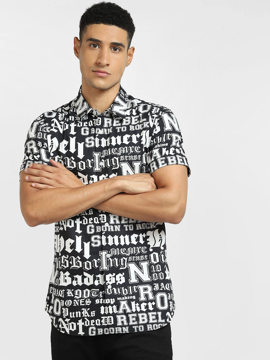 Black Typographic Print Short Sleeves Shirt