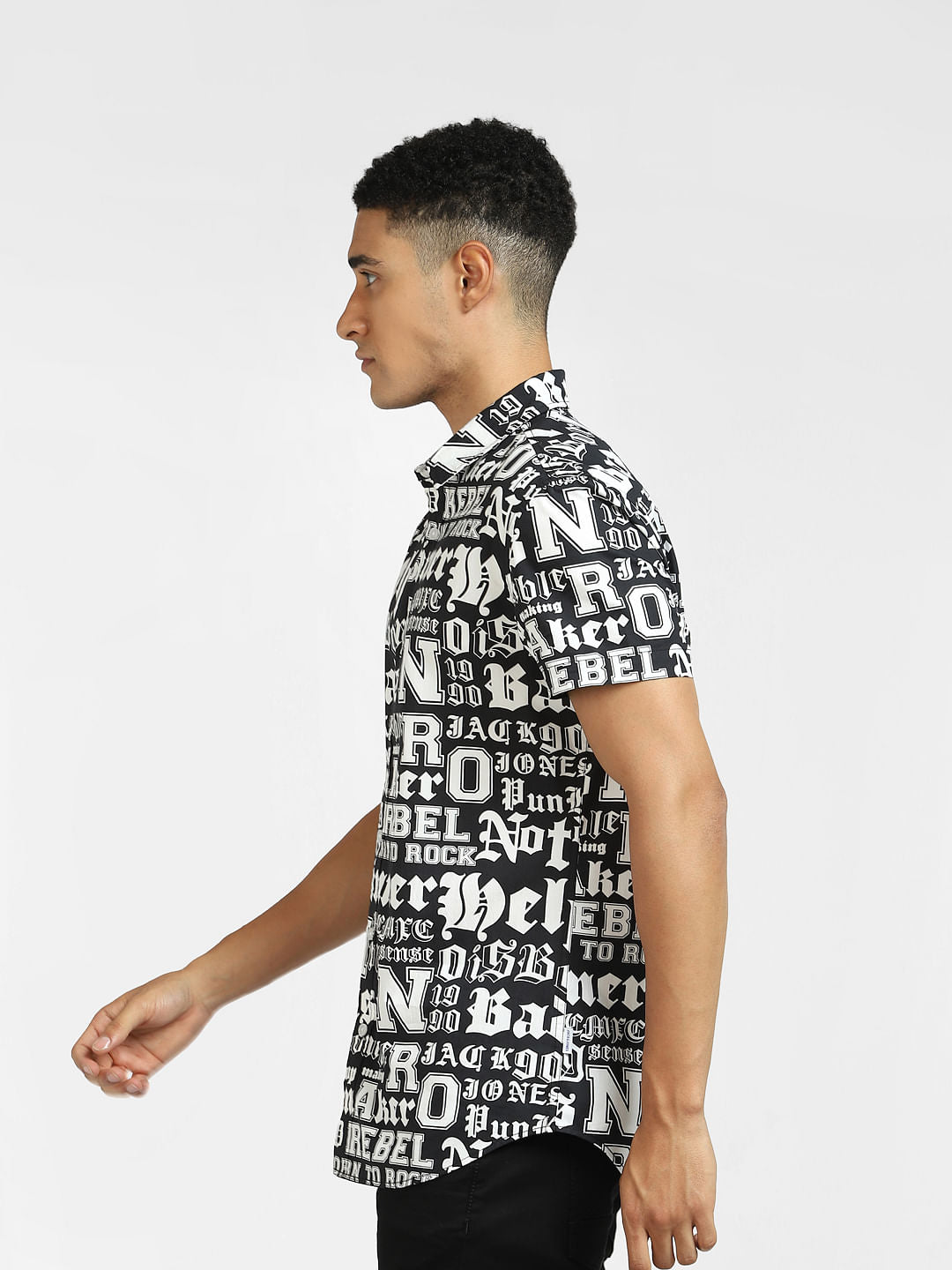 Black Typographic Print Short Sleeves Shirt