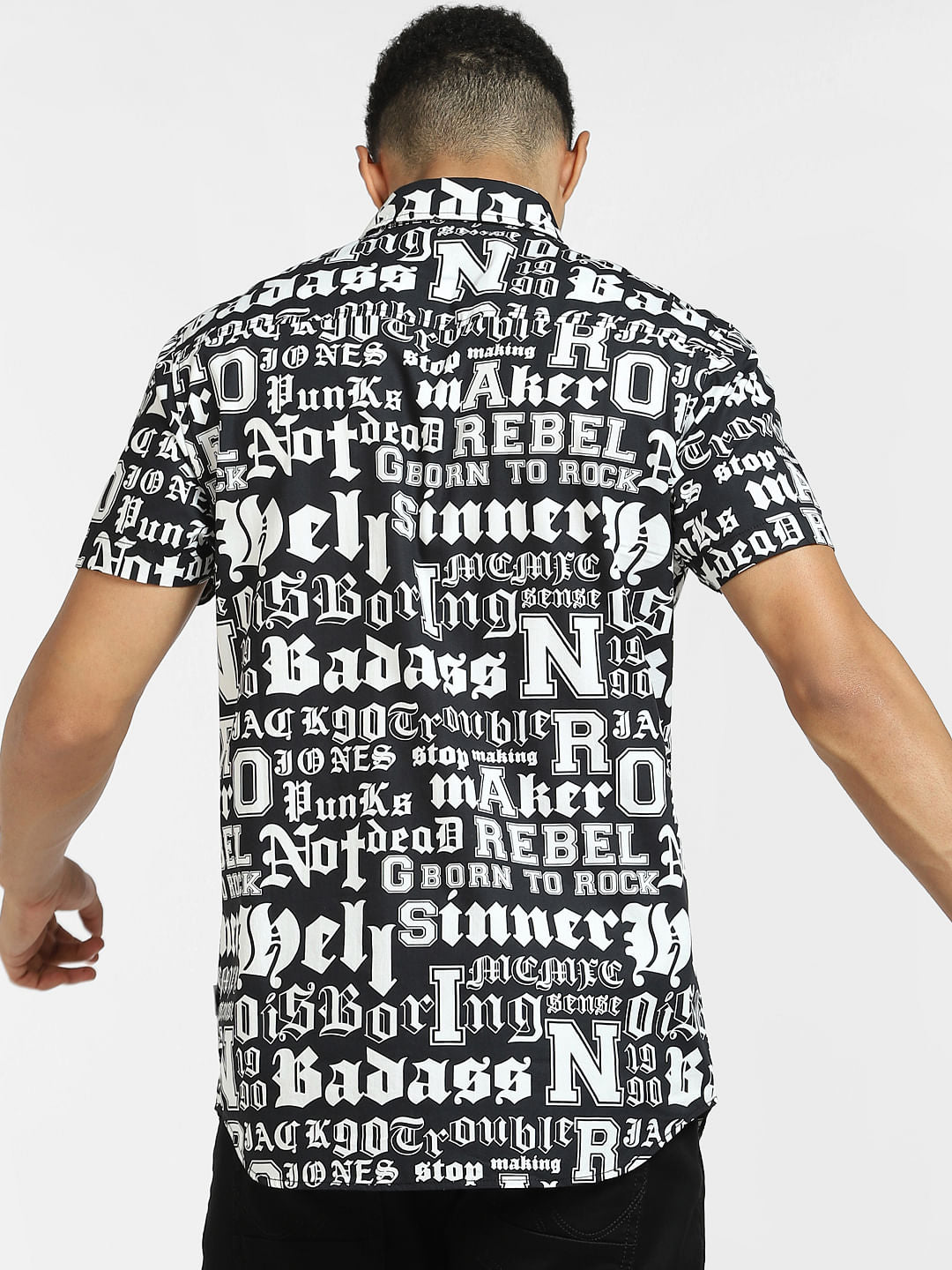 Black Typographic Print Short Sleeves Shirt