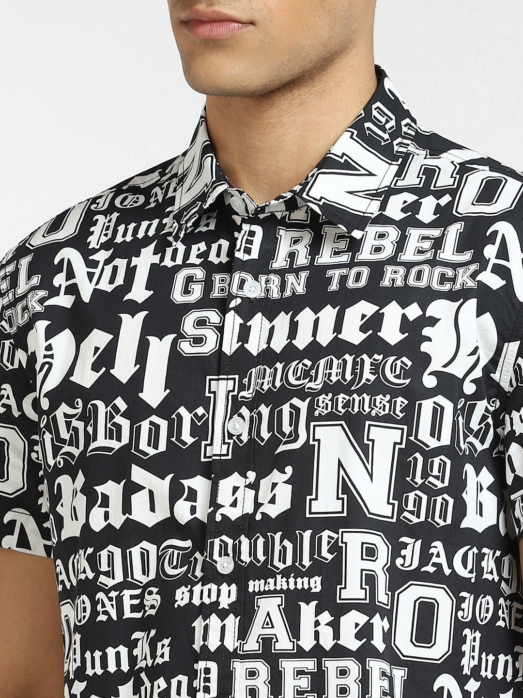 Black Typographic Print Short Sleeves Shirt