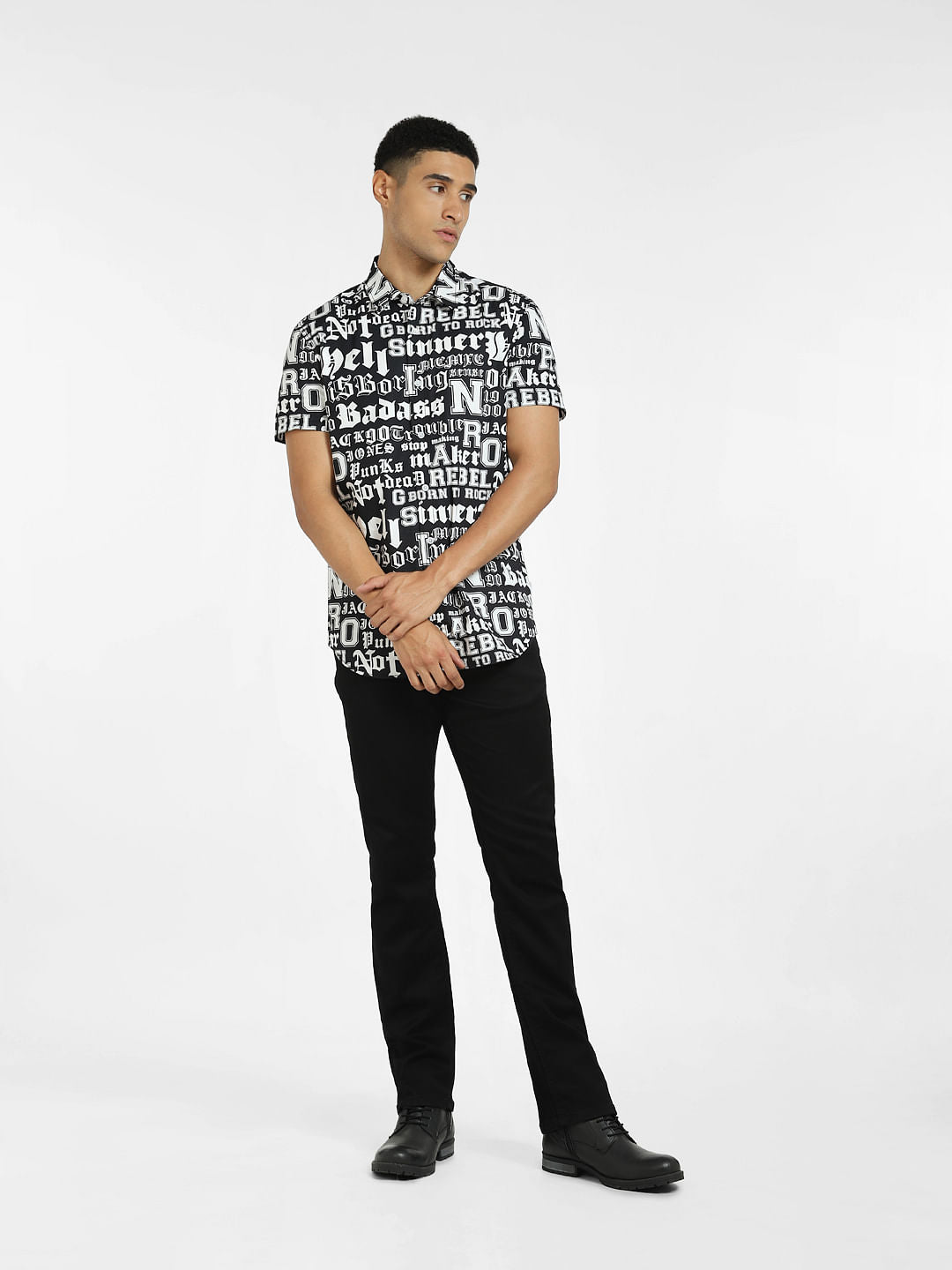 Black Typographic Print Short Sleeves Shirt