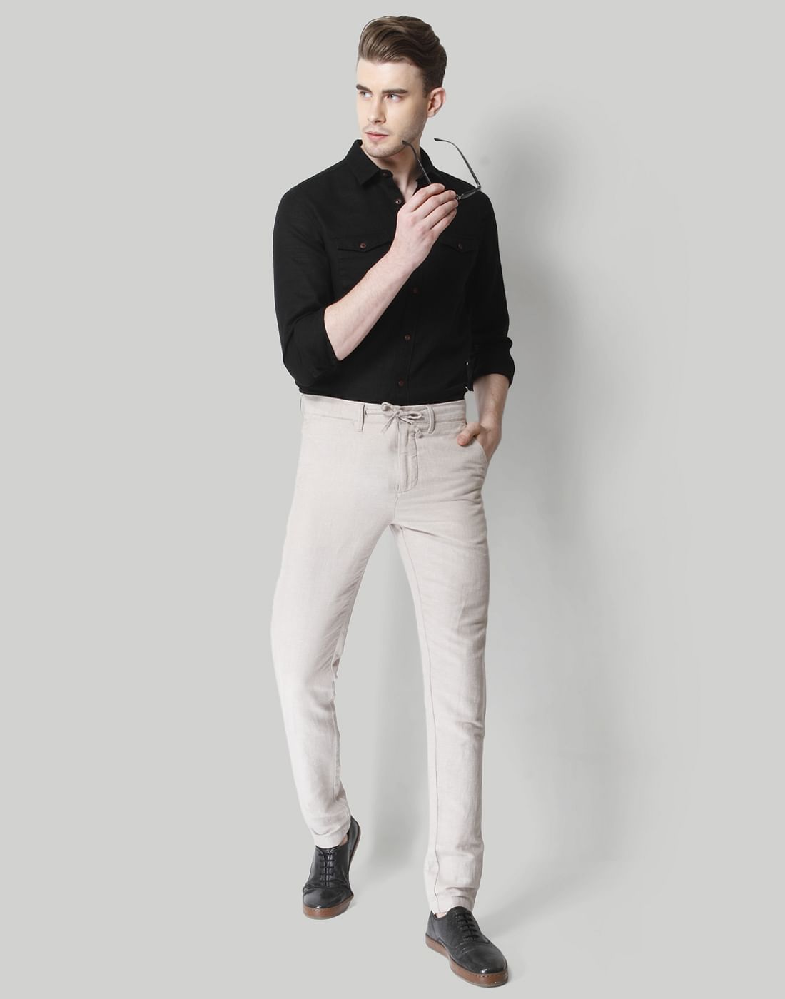 Beige Drawstring Linen Pants