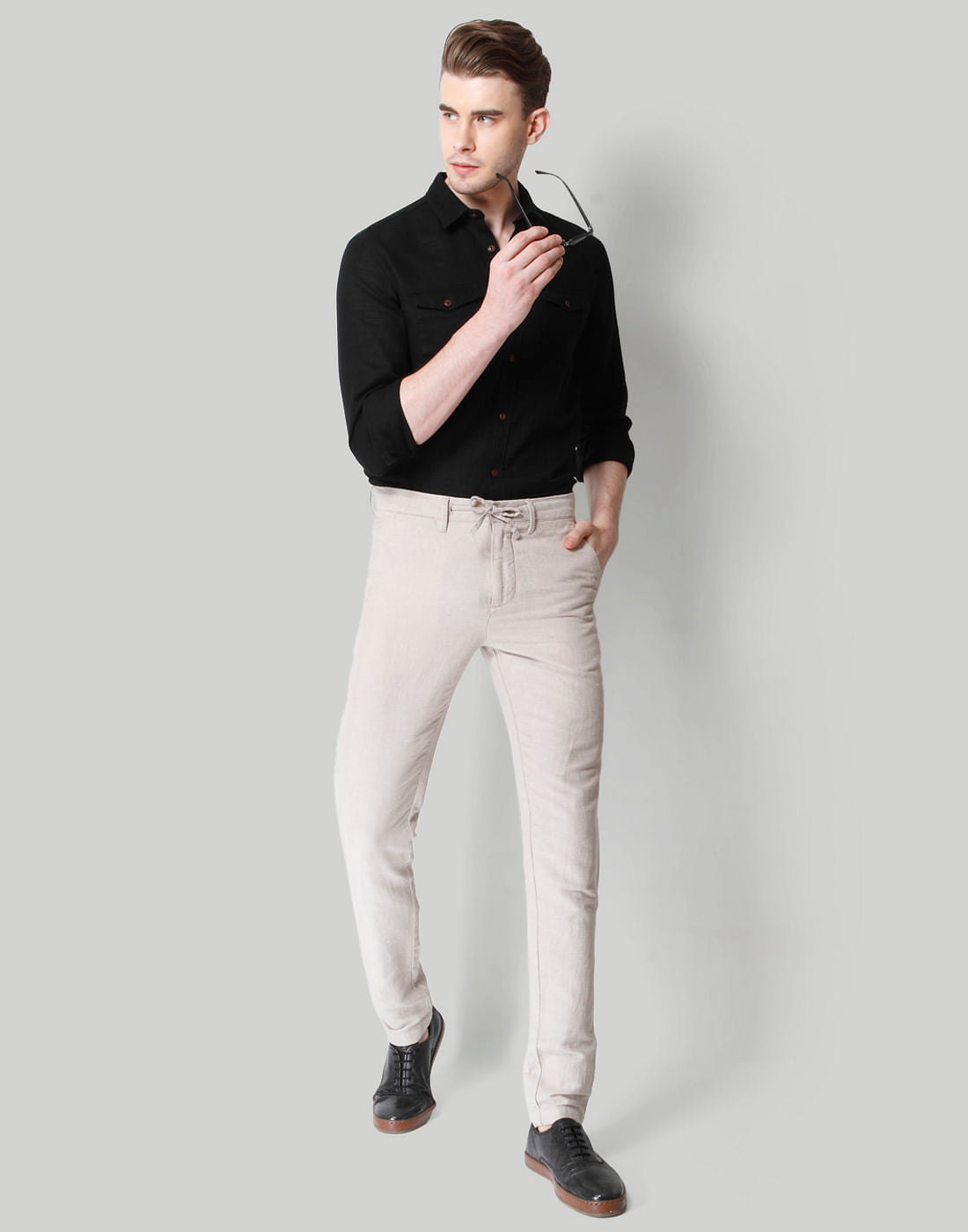 Beige Drawstring Linen Pants