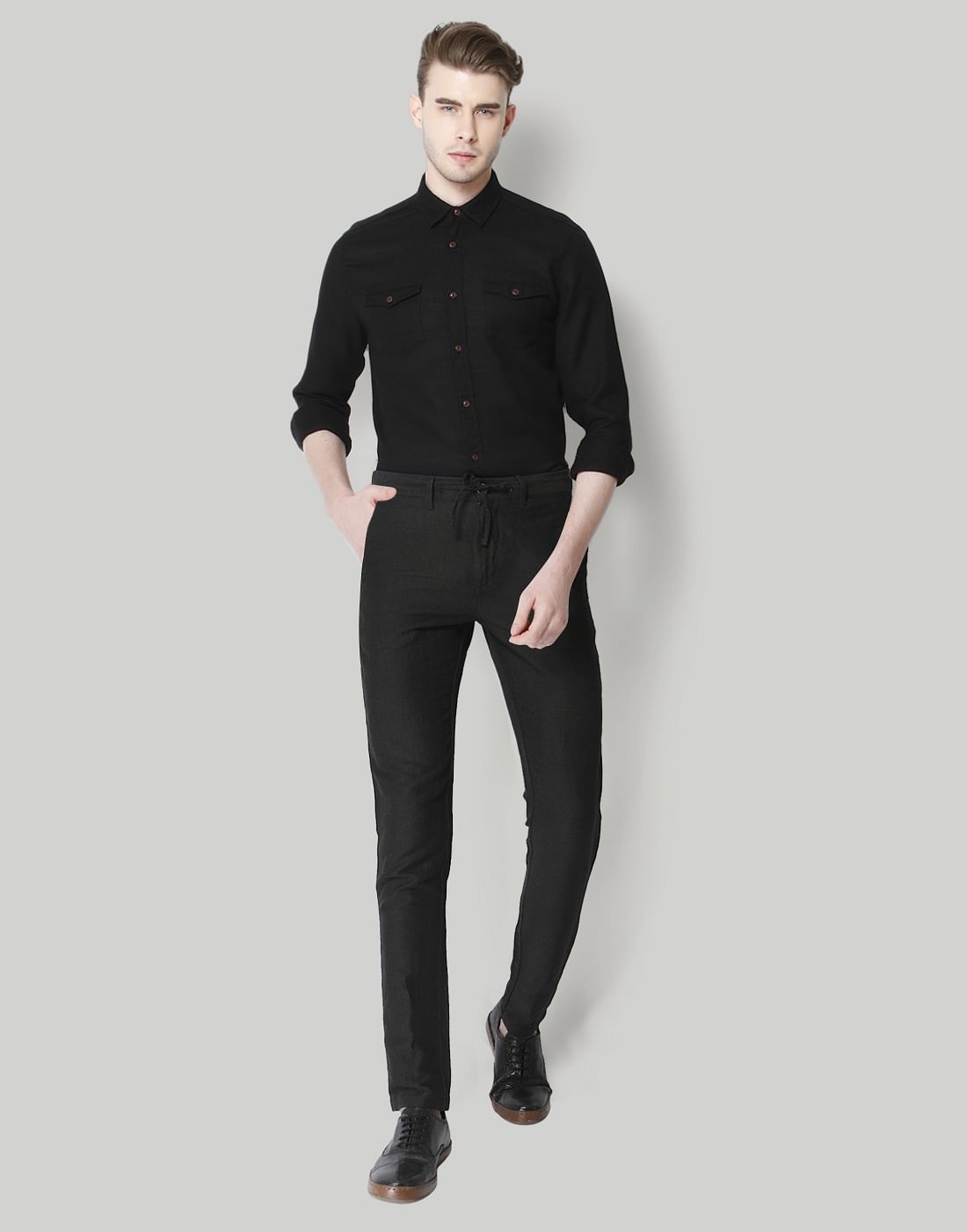 Dark Grey Mid Rise Dobby Trousers