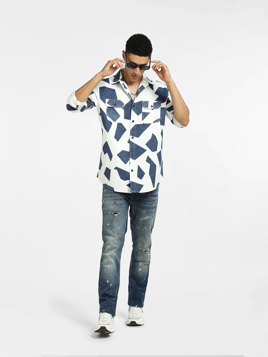 White Abstract Print Full Sleeves Shirt - S