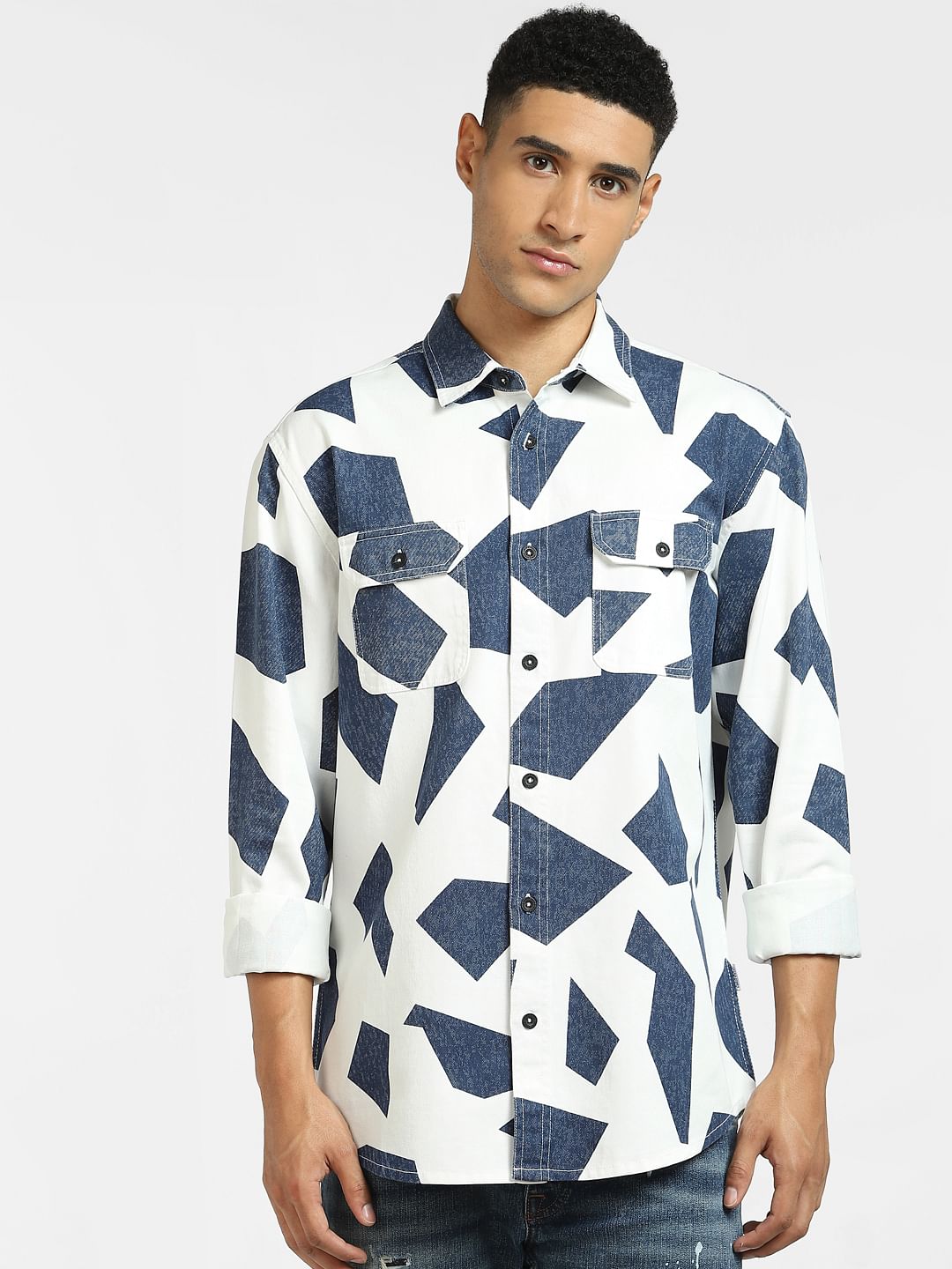 White Abstract Print Full Sleeves Shirt