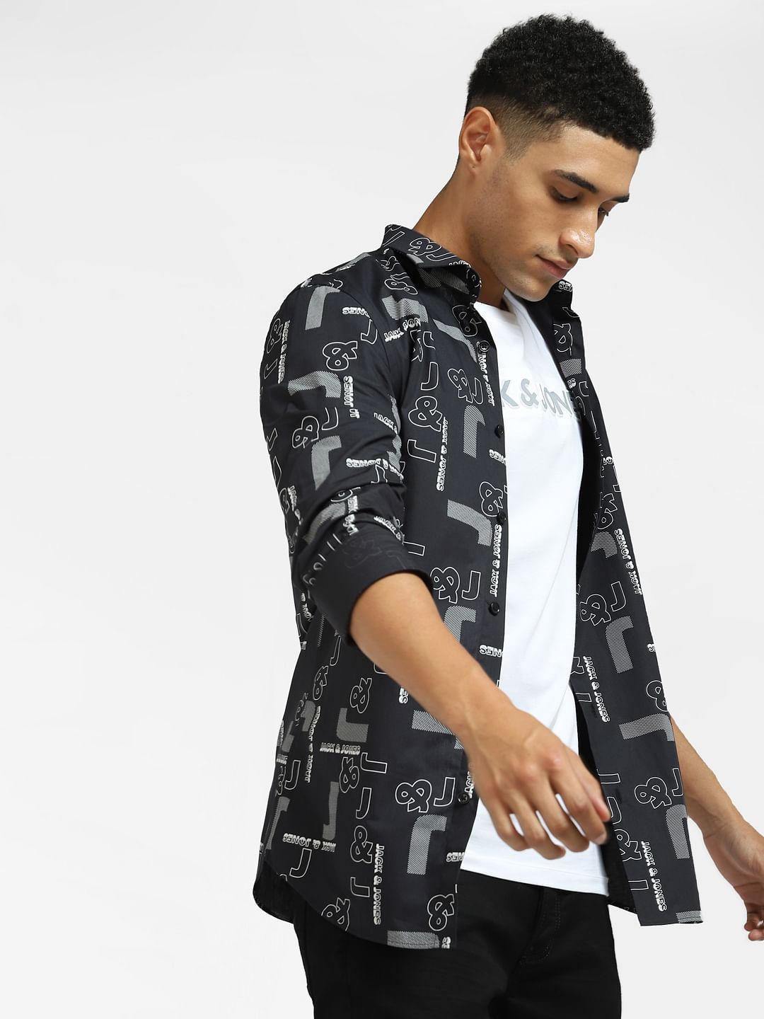 Black Logo Print Full Sleeves Shirt - S