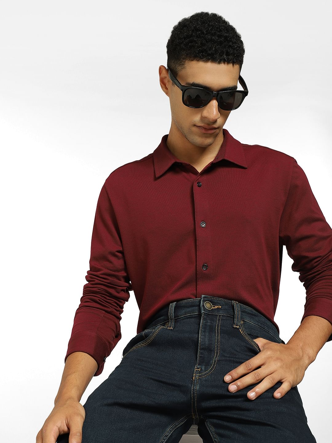 Burgundy Patch Detail Full Sleeves Shirt - S