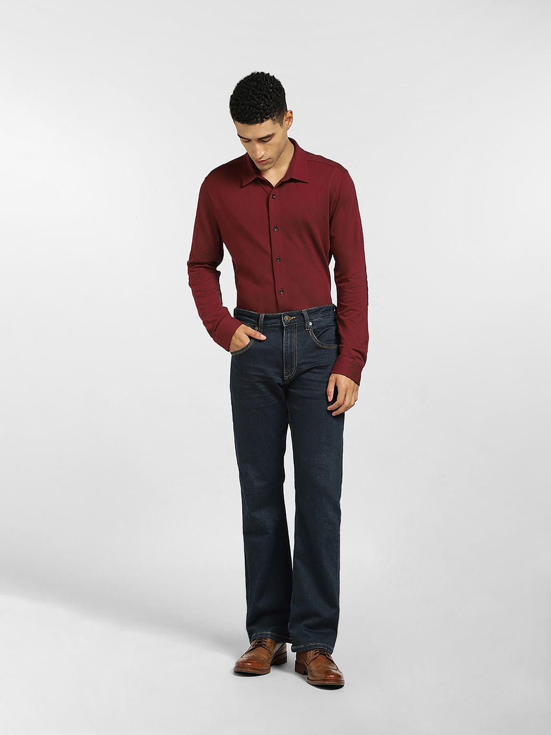 Burgundy Patch Detail Full Sleeves Shirt