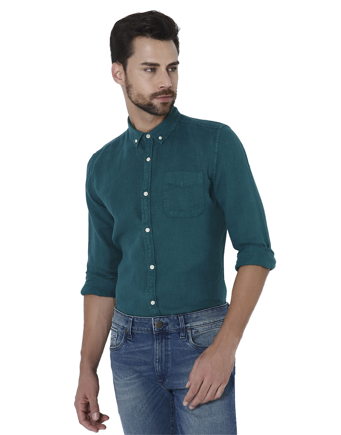 Green Linen Full Sleeves Shirt - S