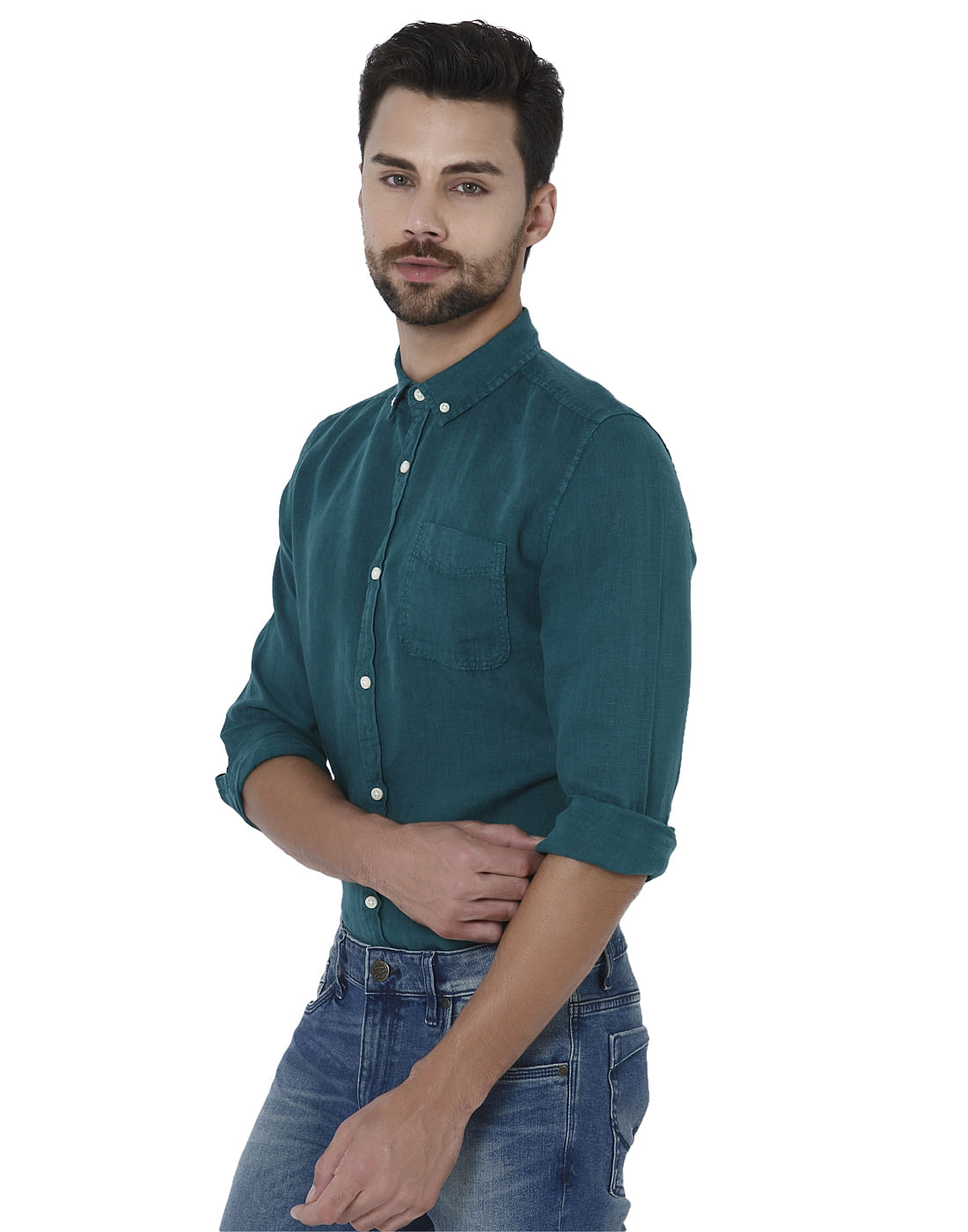 Green Linen Full Sleeves Shirt