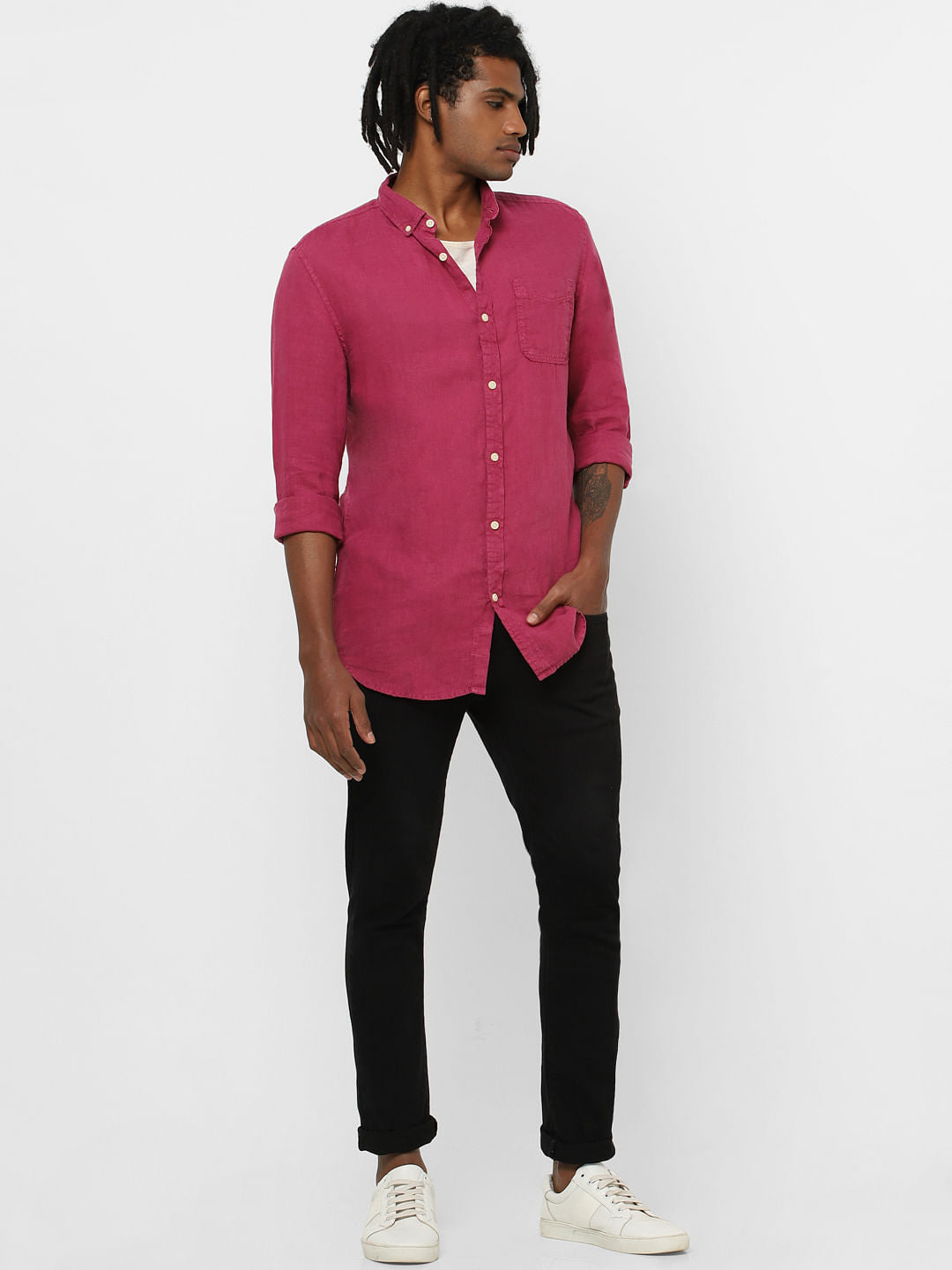 Red Full Sleeves Linen Shirt - S