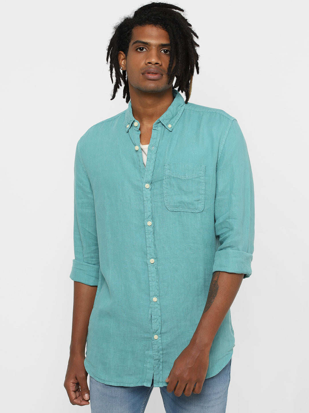 Green Full Sleeves Linen Shirt