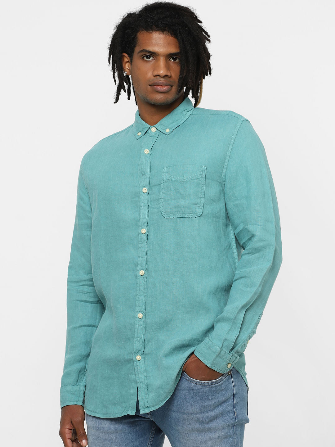 Green Full Sleeves Linen Shirt