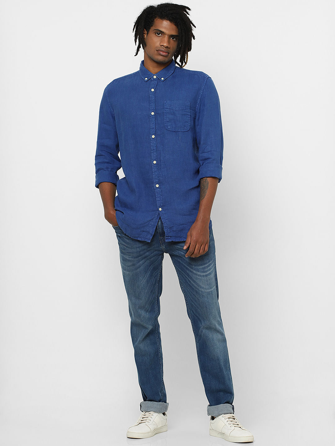 Blue Full Sleeves Linen Shirt - S