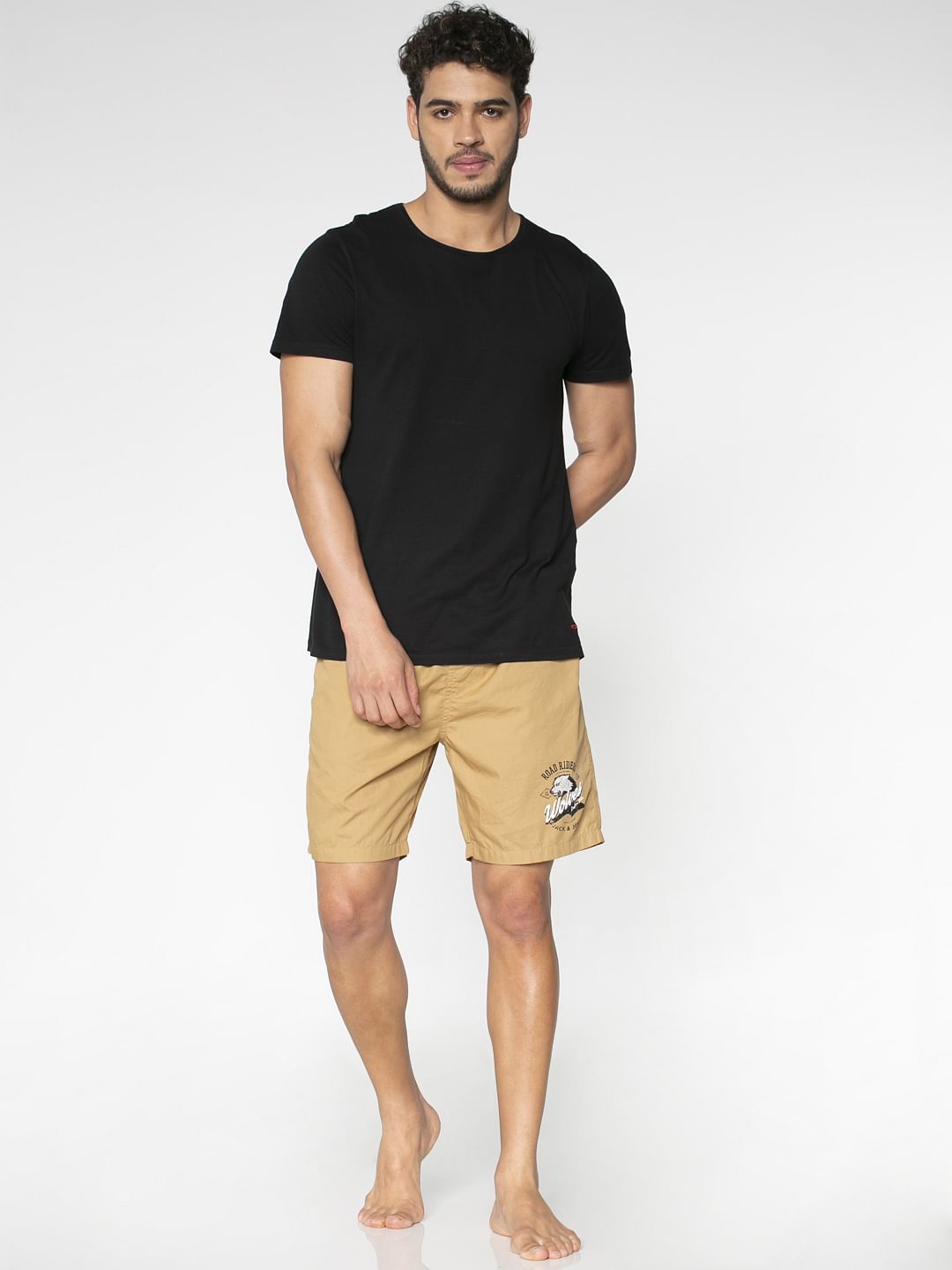 Beige Text Print Shorts - S