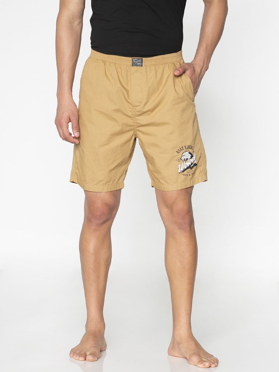 Beige Text Print Shorts