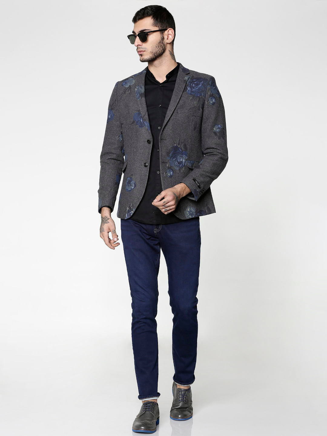 Dark Grey Floral Print Blazer - 44