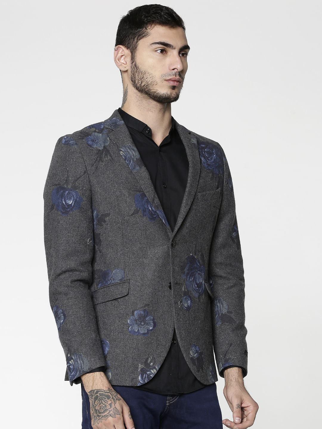 Dark Grey Floral Print Blazer