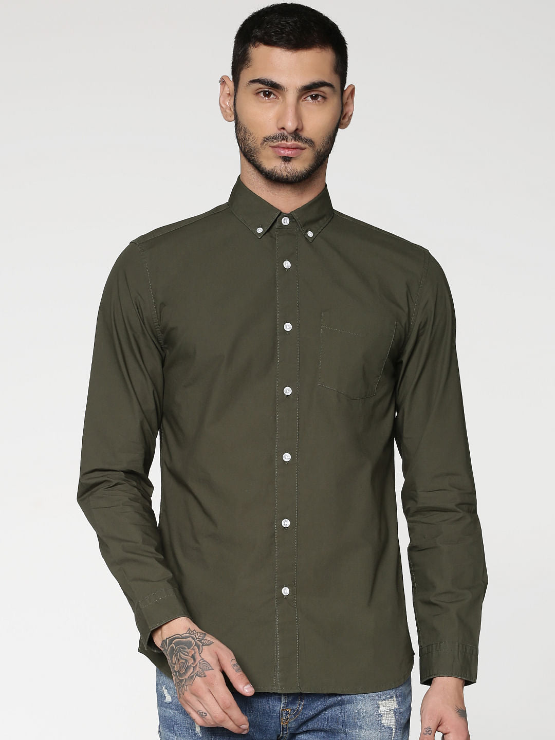 Green Slim Fit Full Sleeves Shirt - S